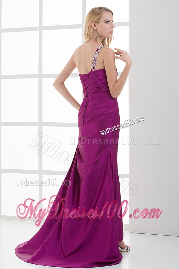 Mermaid Fuchsia One Shoulder Brush Train Beading Taffeta Ruching Evening Dress