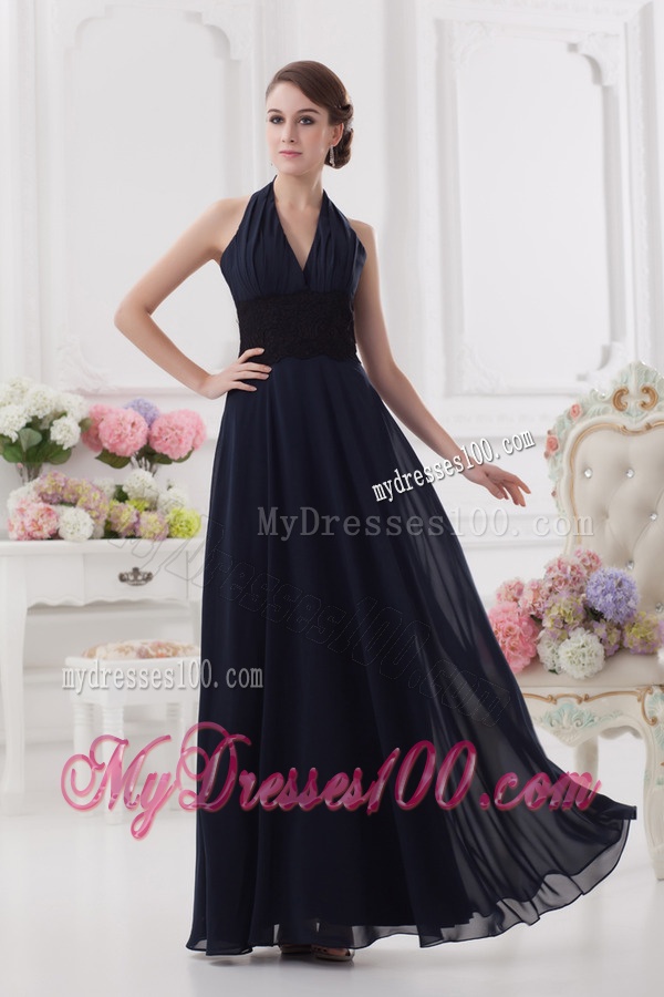 Navy Blue Halter top Long Evening Dress with Ruching and Lace