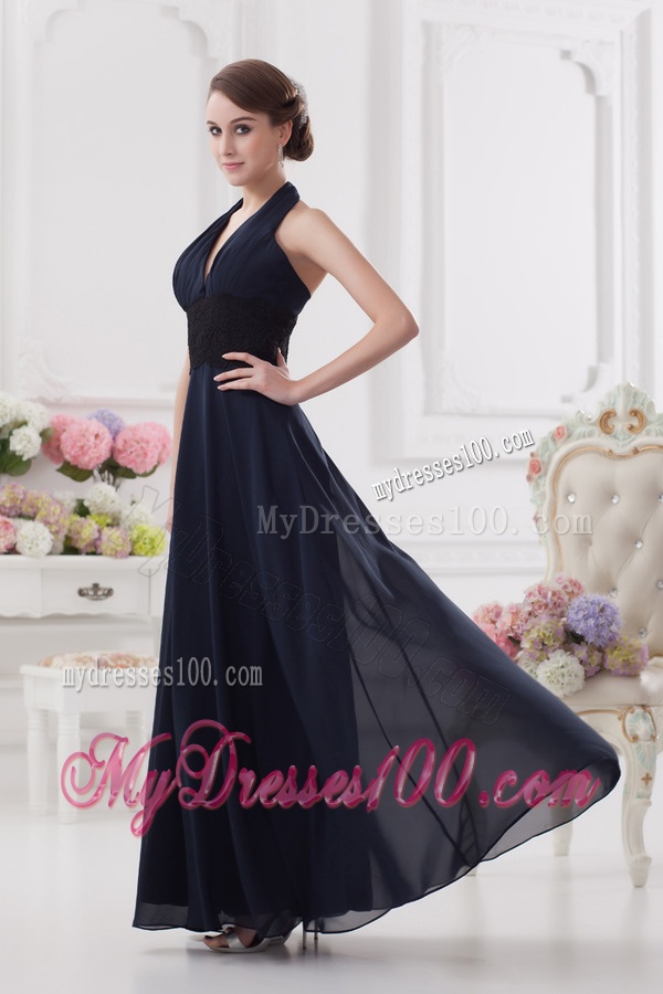Navy Blue Halter top Long Evening Dress with Ruching and Lace