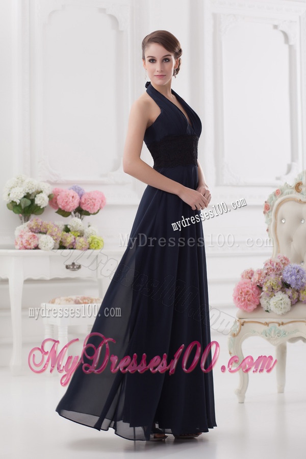 Navy Blue Halter top Long Evening Dress with Ruching and Lace