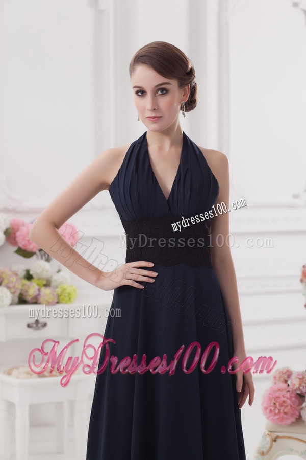 Navy Blue Halter top Long Evening Dress with Ruching and Lace