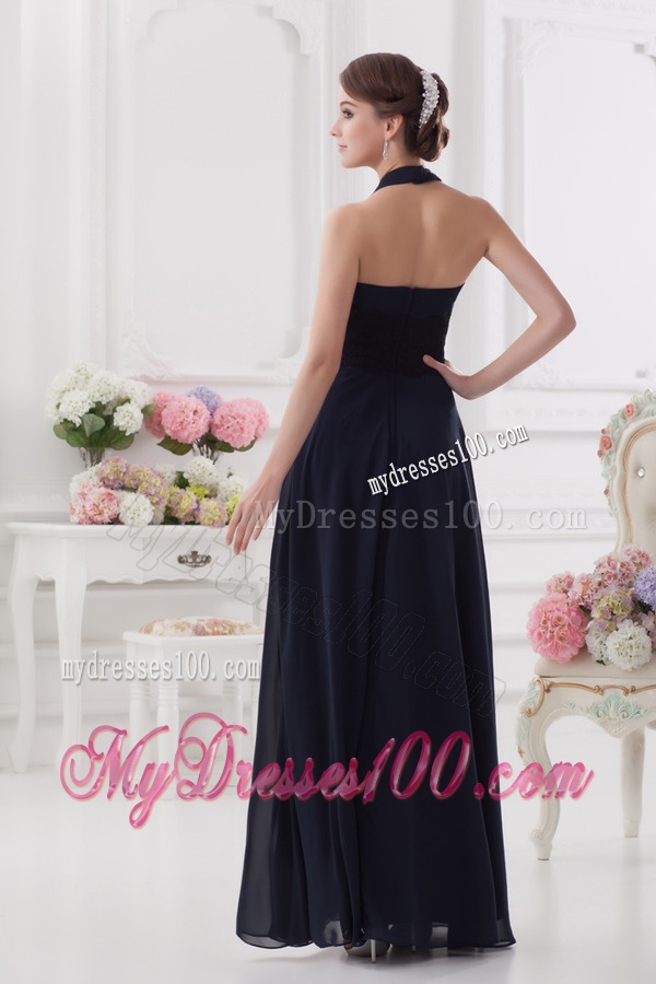 Navy Blue Halter top Long Evening Dress with Ruching and Lace