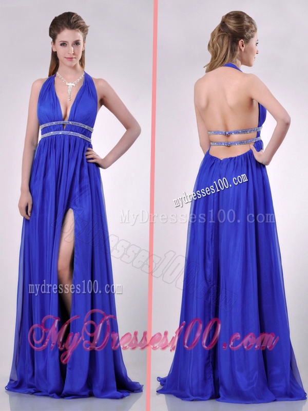 New Halter Top Blue Backless Evening Dress with Beading and High Slit