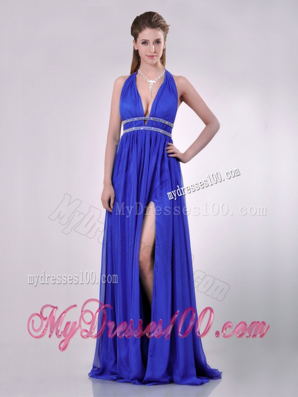 New Halter Top Blue Backless Evening Dress with Beading and High Slit