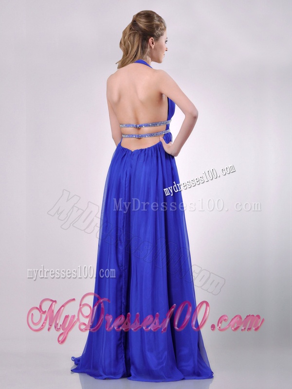 New Halter Top Blue Backless Evening Dress with Beading and High Slit