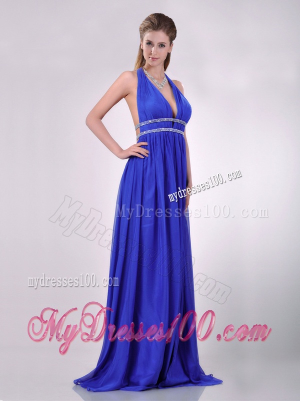 New Halter Top Blue Backless Evening Dress with Beading and High Slit