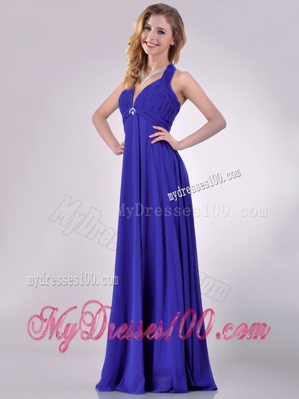 New Style Halter Top Zipper Up Long Evening Dress in Blue