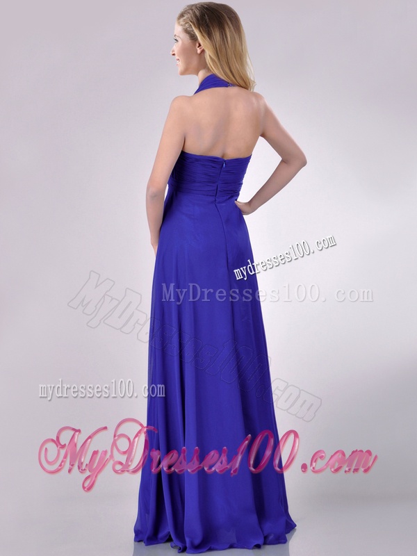 New Style Halter Top Zipper Up Long Evening Dress in Blue