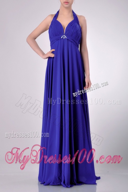 New Style Halter Top Zipper Up Long Evening Dress in Blue
