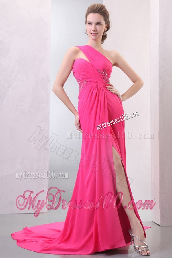 One Shoulder Hot Pink Chiffon Appliques Watteau Train Evening Dress