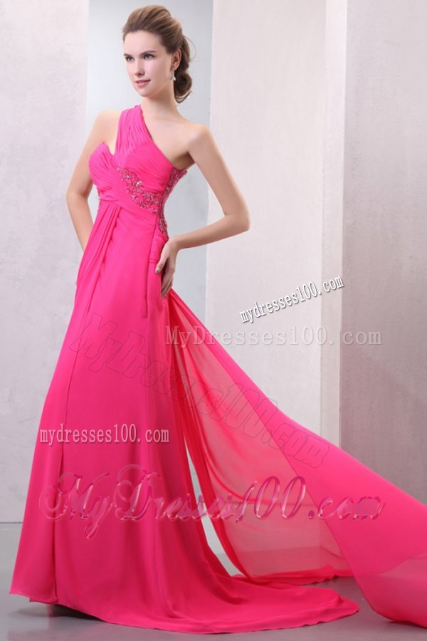 One Shoulder Hot Pink Chiffon Appliques Watteau Train Evening Dress