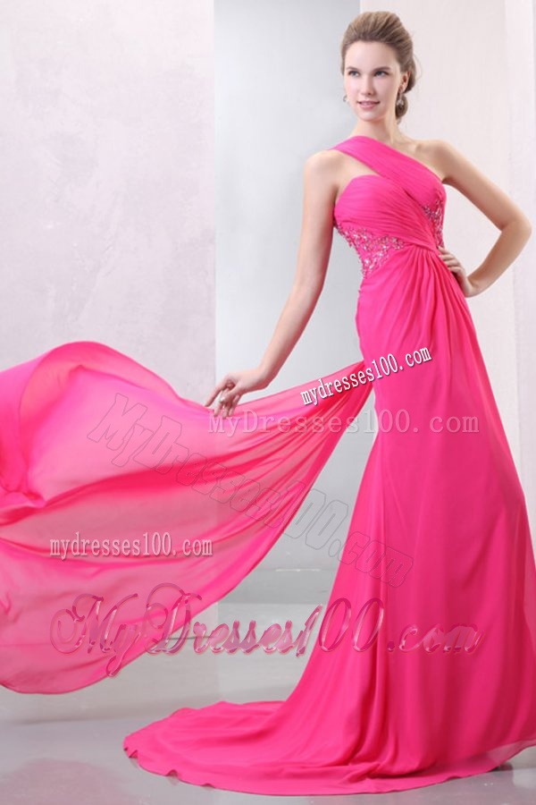 One Shoulder Hot Pink Chiffon Appliques Watteau Train Evening Dress