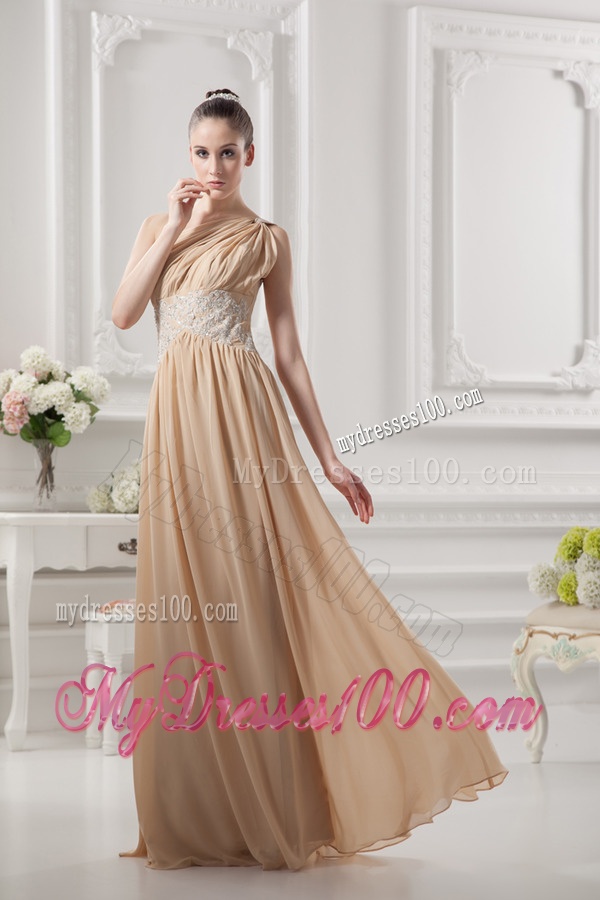 One Shoulder Ruching and Appliques Chiffon Evening Dress