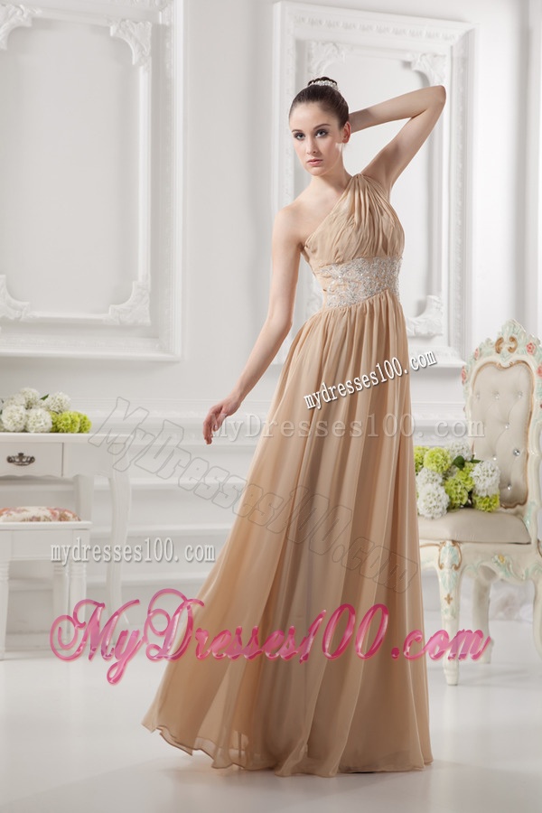 One Shoulder Ruching and Appliques Chiffon Evening Dress