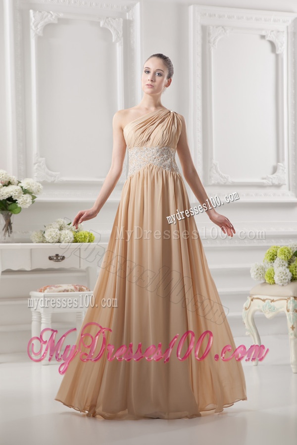 One Shoulder Ruching and Appliques Chiffon Evening Dress