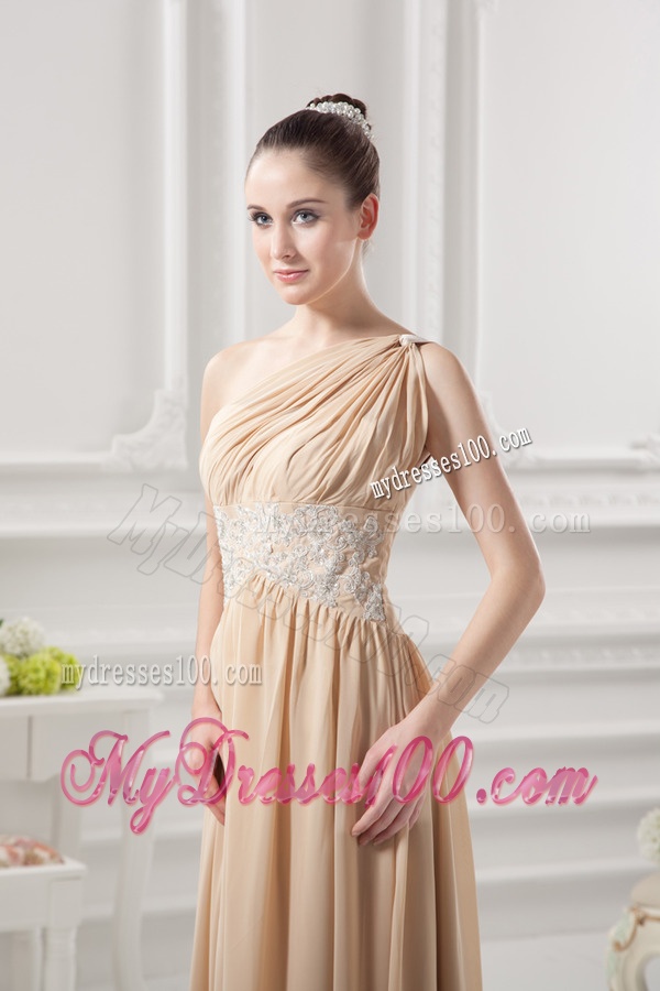 One Shoulder Ruching and Appliques Chiffon Evening Dress