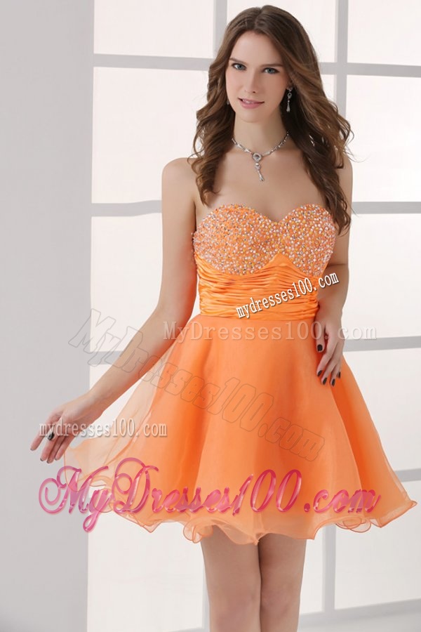 Orange Sweetheart Beaded Short Evening Dress in Mini-length