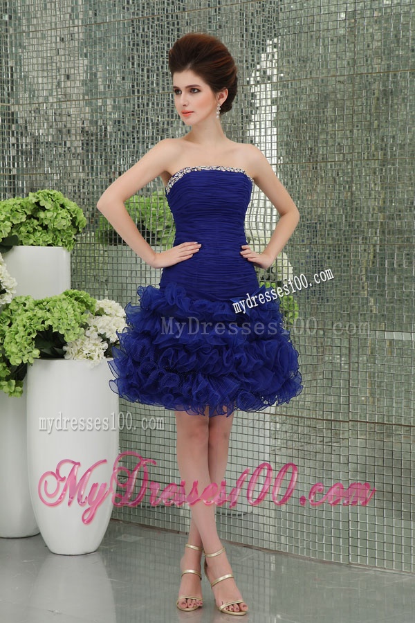 Organza Column Bule Ruffled Layers Bowknot Strapless Evening Dress