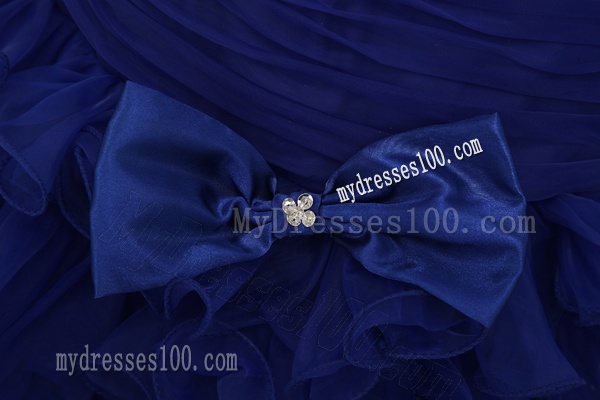 Organza Column Bule Ruffled Layers Bowknot Strapless Evening Dress
