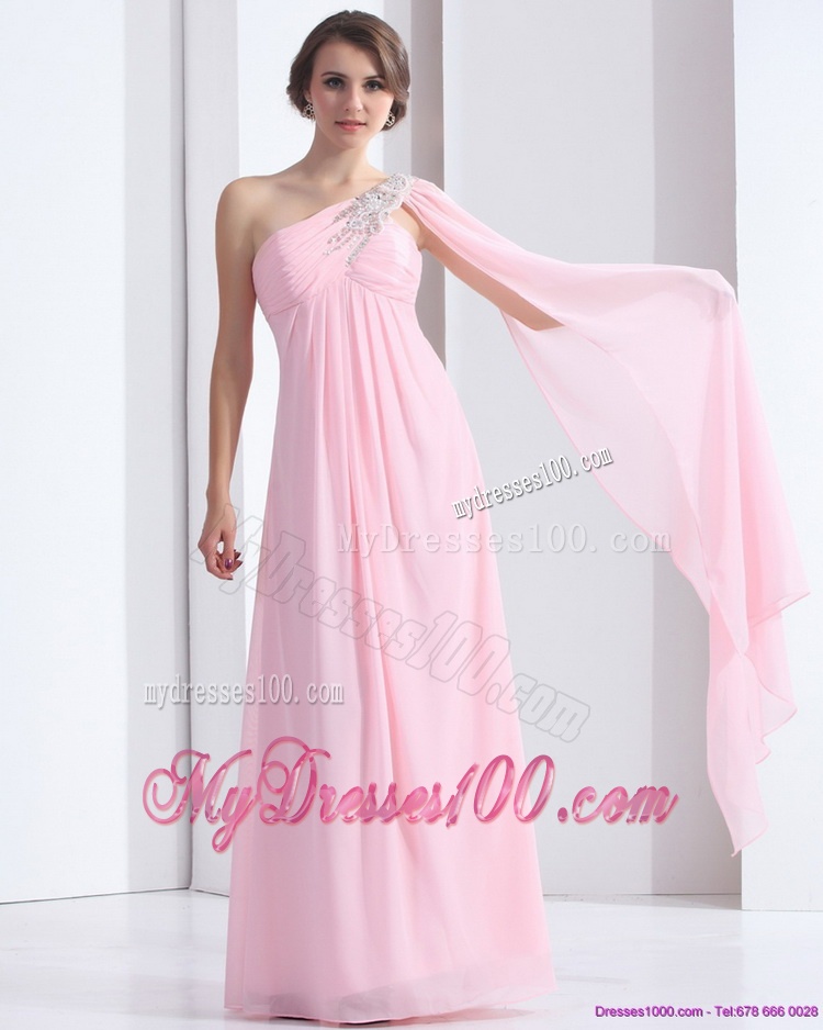 Perfect 2016 One Shoulder Baby Pink Evening Dress with Ruching and Beading