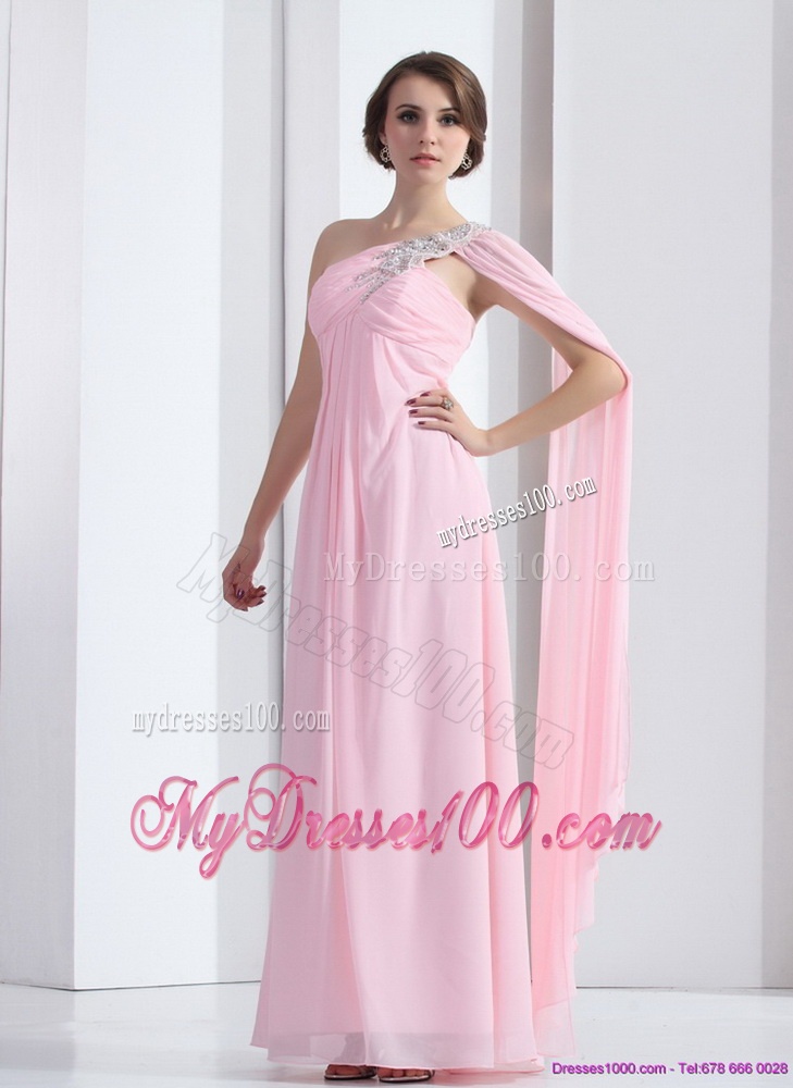 Perfect 2016 One Shoulder Baby Pink Evening Dress with Ruching and Beading