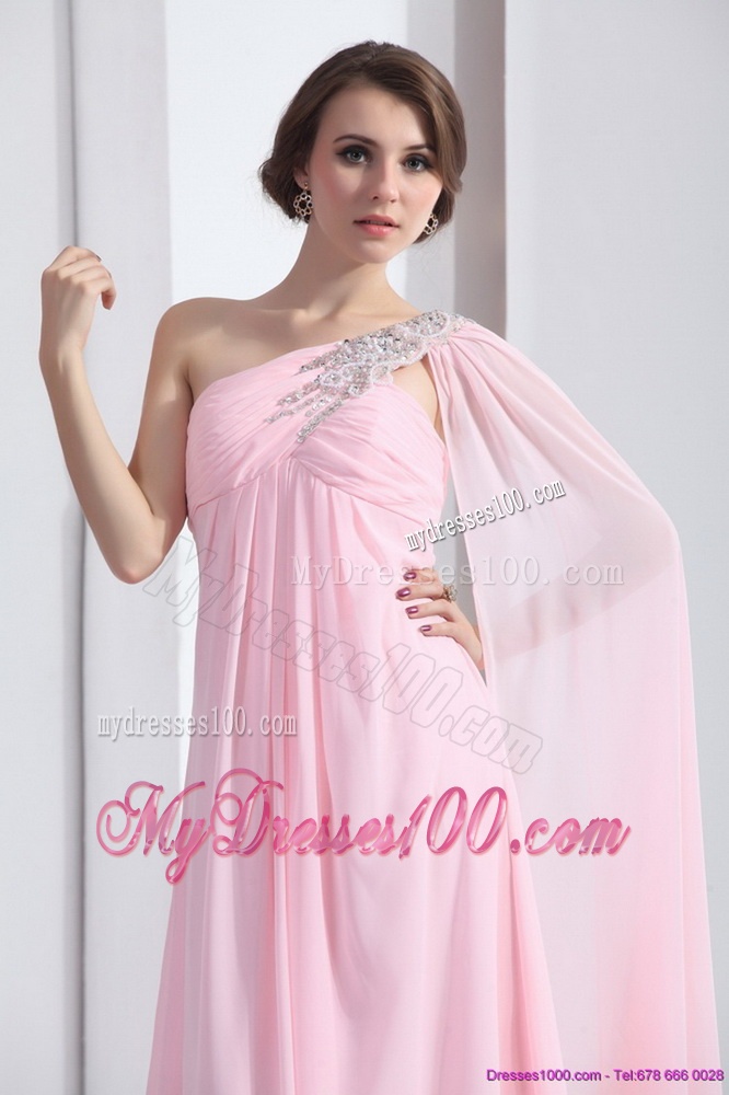 Perfect 2016 One Shoulder Baby Pink Evening Dress with Ruching and Beading