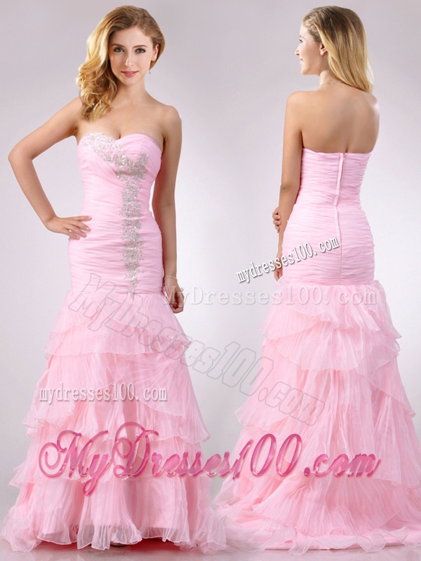 Popular Brush Train Organza Pink Evening Dress with Beading and Ruffles