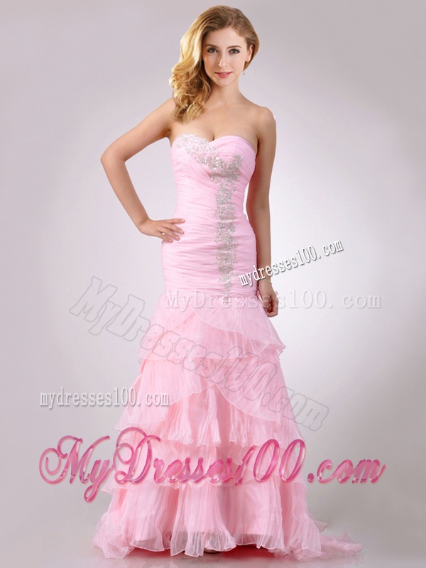 Popular Brush Train Organza Pink Evening Dress with Beading and Ruffles