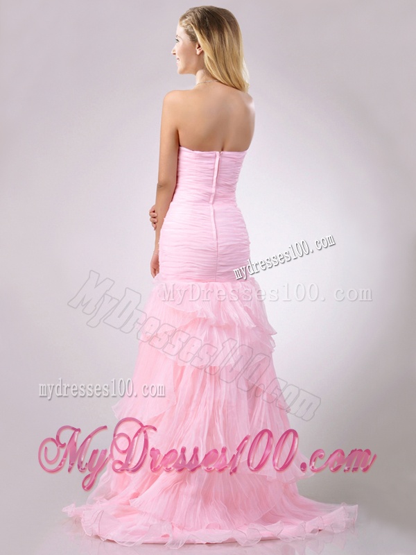 Popular Brush Train Organza Pink Evening Dress with Beading and Ruffles
