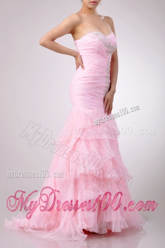 Popular Brush Train Organza Pink Evening Dress with Beading and Ruffles