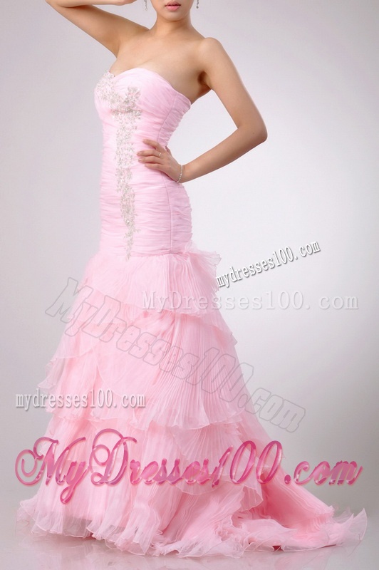 Popular Brush Train Organza Pink Evening Dress with Beading and Ruffles