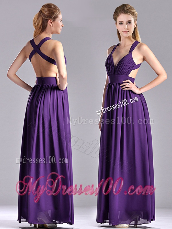 Sexy Purple Criss Cross Evening Dress with Ruched Decorated Bust