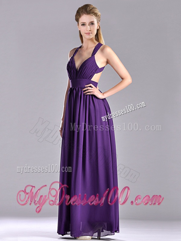 Sexy Purple Criss Cross Evening Dress with Ruched Decorated Bust