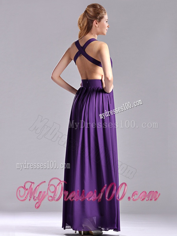 Sexy Purple Criss Cross Evening Dress with Ruched Decorated Bust