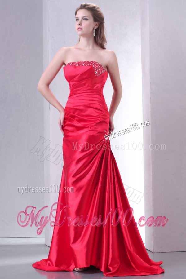 Strapless Coral Red A-line Sweep Train Beaded Decorate Evening Dress