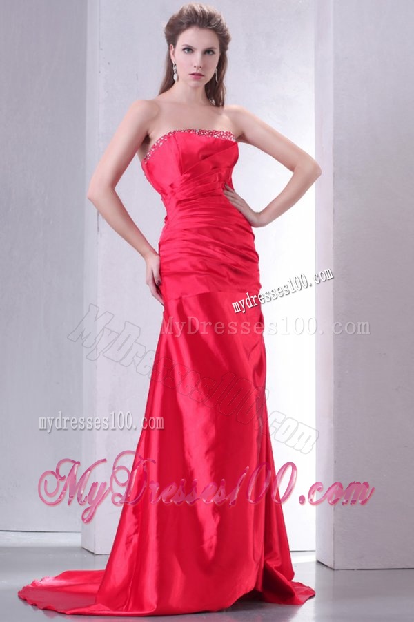 Strapless Coral Red A-line Sweep Train Beaded Decorate Evening Dress
