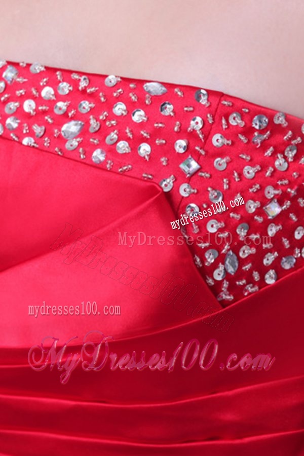 Strapless Coral Red A-line Sweep Train Beaded Decorate Evening Dress