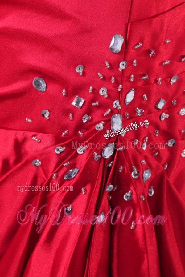 Strapless Coral Red A-line Sweep Train Beaded Decorate Evening Dress