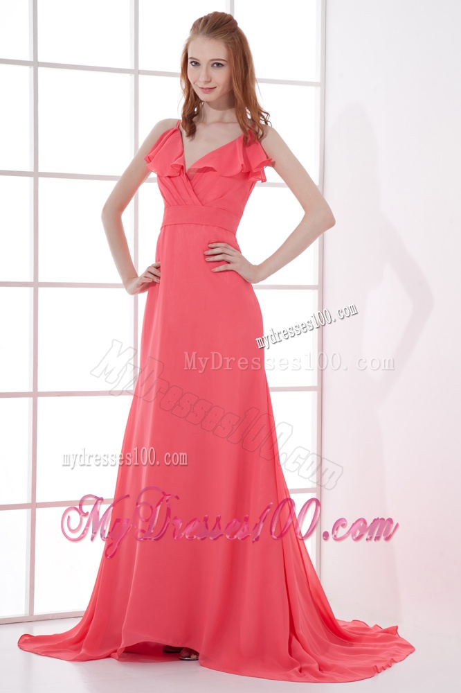 Watermelon Red Empire V-neck Court Train Ruching Evening Dress
