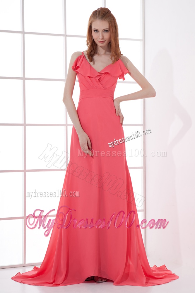 Watermelon Red Empire V-neck Court Train Ruching Evening Dress