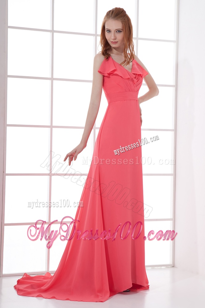Watermelon Red Empire V-neck Court Train Ruching Evening Dress