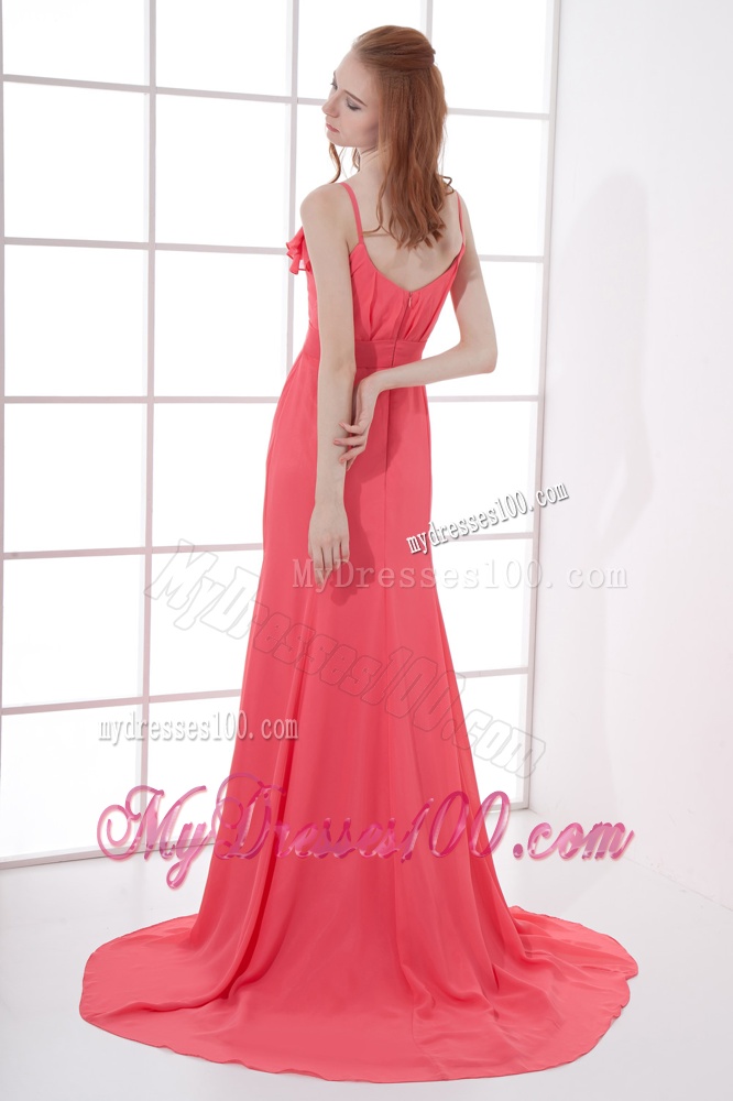 Watermelon Red Empire V-neck Court Train Ruching Evening Dress