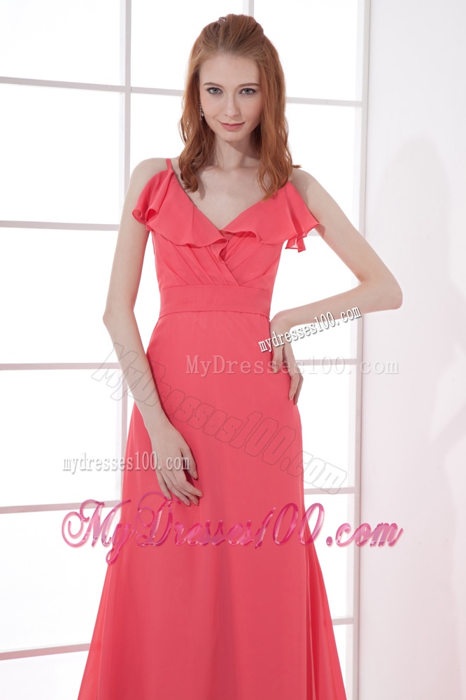 Watermelon Red Empire V-neck Court Train Ruching Evening Dress