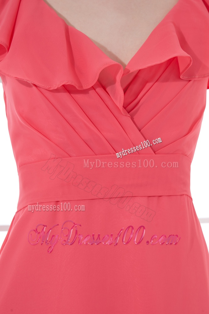 Watermelon Red Empire V-neck Court Train Ruching Evening Dress