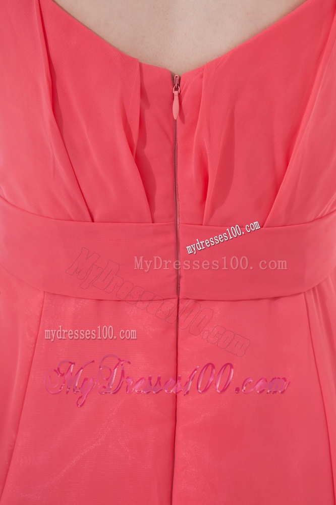 Watermelon Red Empire V-neck Court Train Ruching Evening Dress