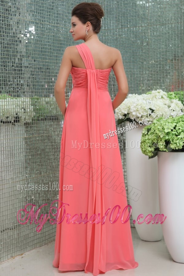 Watermelon Red One Shoulder Ruching Beading Floor-length Evening Dress