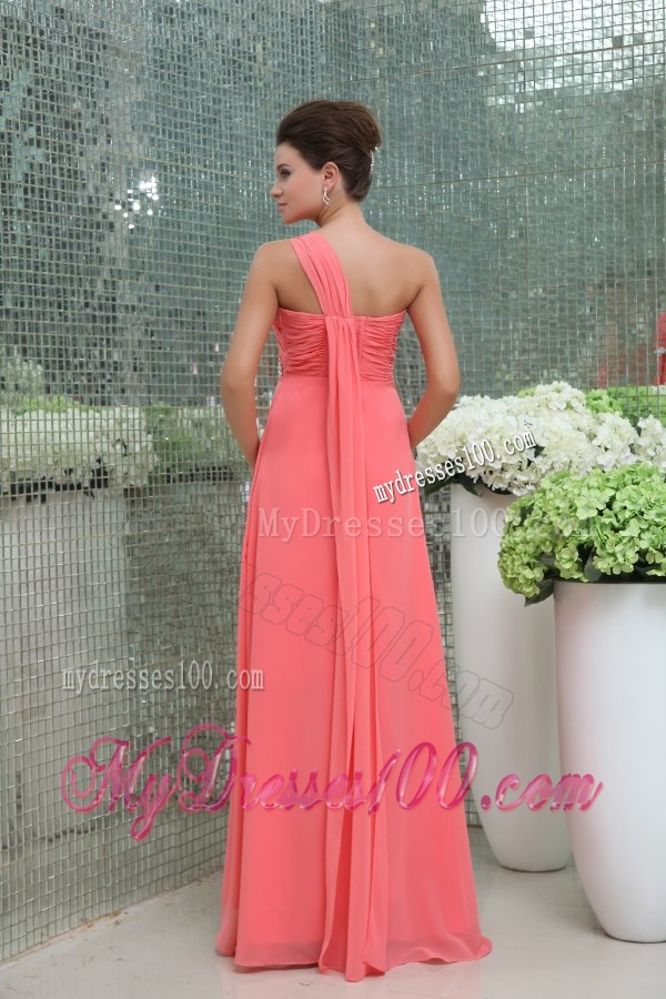 Watermelon Red One Shoulder Ruching Beading Floor-length Evening Dress