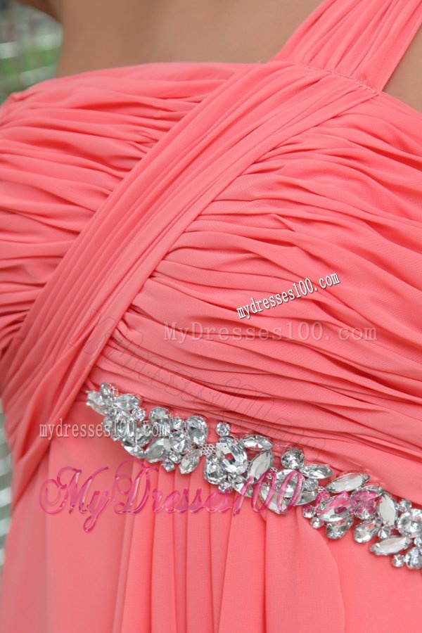 Watermelon Red One Shoulder Ruching Beading Floor-length Evening Dress