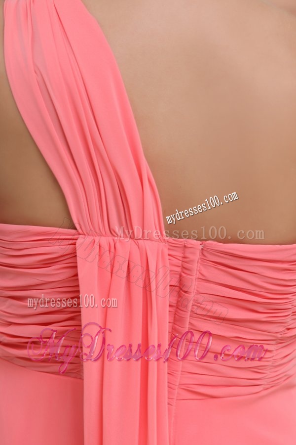 Watermelon Red One Shoulder Ruching Beading Floor-length Evening Dress