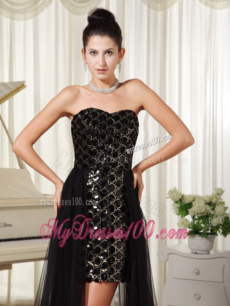 Black Sweetheart High-low Prom Evening Dress with Paillettes and Ruche